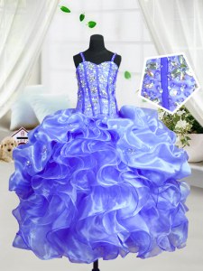Exquisite Floor Length Baby Blue Little Girls Pageant Gowns Spaghetti Straps Sleeveless Lace Up