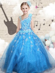 Custom Made Baby Blue Lace Up Custom Made Pageant Dress Appliques Sleeveless Floor Length