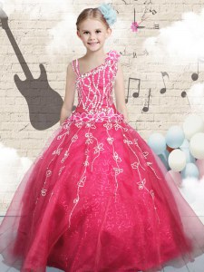 Great Asymmetric Sleeveless Lace Up Little Girl Pageant Dress Red Tulle