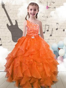 Great Orange Red One Shoulder Lace Up Beading and Ruffles Pageant Gowns For Girls Sleeveless
