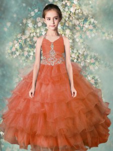 Wonderful Orange Little Girl Pageant Dress Party and Wedding Party and For with Beading and Ruffled Layers Halter Top Sleeveless Zipper
