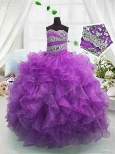 Dramatic Ball Gowns Little Girls Pageant Dress Wholesale Purple Sweetheart Organza Sleeveless Floor Length Lace Up