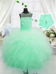 Apple Green Zipper Scoop Beading and Appliques Pageant Gowns For Girls Tulle Sleeveless