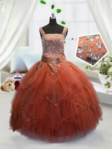 Orange Red Sleeveless Floor Length Beading and Ruffles Lace Up Pageant Gowns For Girls