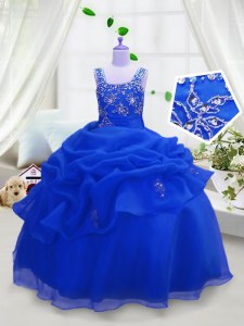 Pretty Royal Blue Zipper Little Girls Pageant Dress Beading and Pick Ups Sleeveless Floor Length
