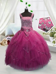Nice Sleeveless Tulle Floor Length Lace Up Little Girls Pageant Dress Wholesale in Rose Pink with Beading and Ruffles