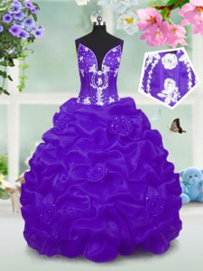Taffeta V-neck Sleeveless Lace Up Beading and Pick Ups Pageant Dress for Girls in Purple