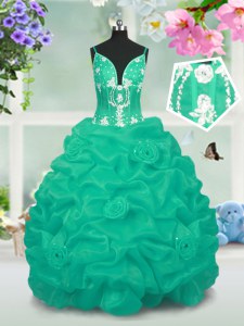 Turquoise Ball Gowns V-neck Sleeveless Taffeta Floor Length Lace Up Beading and Pick Ups Little Girl Pageant Dress
