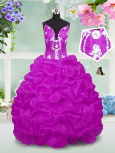 Fuchsia Sleeveless Floor Length Beading and Appliques and Pick Ups Lace Up Little Girl Pageant Gowns