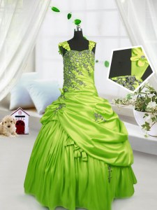 Affordable Yellow Green Ball Gowns Straps Sleeveless Satin Floor Length Lace Up Beading and Pick Ups Little Girls Pageant Dress Wholesale