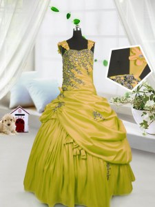 Straps Sleeveless Evening Gowns Floor Length Beading and Pick Ups Gold Satin