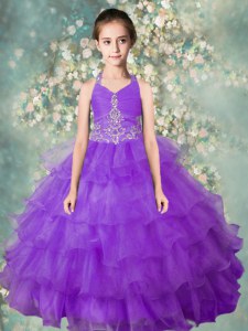 Halter Top Floor Length Lavender Pageant Dress for Teens Organza Sleeveless Beading and Ruffled Layers