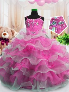 High Class Hot Pink Ball Gowns Organza Spaghetti Straps Sleeveless Beading and Ruffled Layers Floor Length Zipper Little Girl Pageant Gowns