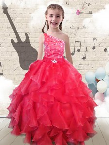 Red Pageant Gowns For Girls Party and Wedding Party and For with Beading and Ruffles One Shoulder Sleeveless Lace Up