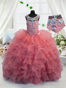 Coral Red Ball Gowns Scoop Sleeveless Organza Floor Length Lace Up Beading and Ruffled Layers Child Pageant Dress