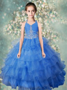 Baby Blue Halter Top Zipper Beading and Ruffled Layers Kids Pageant Dress Sleeveless