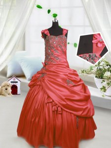 Pick Ups Ball Gowns Kids Formal Wear Watermelon Red Straps Satin Sleeveless Floor Length Lace Up