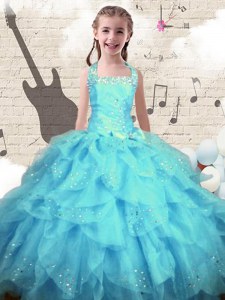 Attractive Halter Top Beading and Ruffles Little Girl Pageant Dress Aqua Blue Lace Up Sleeveless Floor Length
