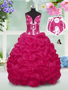 Beauteous Pick Ups Ball Gowns Girls Pageant Dresses Red V-neck Taffeta Sleeveless Floor Length Lace Up