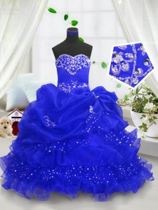 Royal Blue Ball Gowns Sweetheart Sleeveless Organza Floor Length Lace Up Beading and Ruffled Layers and Pick Ups Custom Made Pageant Dress