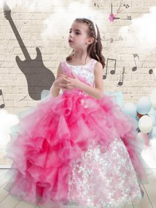 High Class Hot Pink Scoop Neckline Beading and Ruffles Pageant Gowns For Girls Sleeveless Lace Up