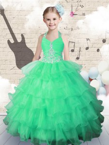 Ruffled Halter Top Sleeveless Lace Up Child Pageant Dress Green Organza