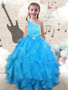 One Shoulder Aqua Blue Ball Gowns Beading and Ruffles Little Girls Pageant Gowns Lace Up Organza Sleeveless Floor Length