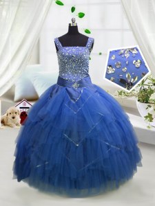 Hot Sale Royal Blue Ball Gowns Straps Sleeveless Tulle Floor Length Lace Up Beading and Ruffles Girls Pageant Dresses