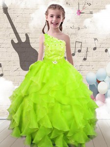 One Shoulder Sleeveless Pageant Dress for Womens Floor Length Beading and Ruffles Yellow Green Organza