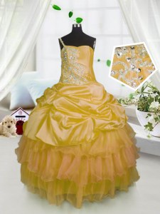 Fashion One Shoulder Orange Sleeveless Beading and Ruffled Layers and Pick Ups Floor Length Pageant Gowns For Girls