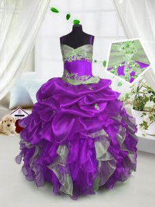 Modern Lavender Organza Lace Up Spaghetti Straps Sleeveless Floor Length Pageant Gowns For Girls Beading and Ruffles and Pick Ups