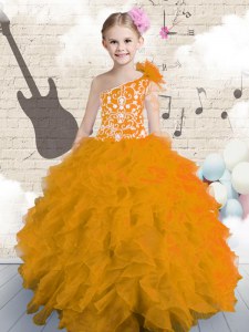 Super One Shoulder Organza Sleeveless Floor Length Little Girls Pageant Gowns and Embroidery and Ruffles and Hand Made Flower