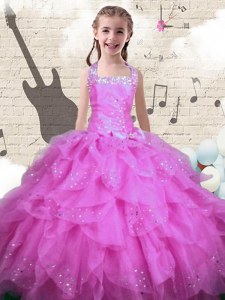 Halter Top Rose Pink Organza Lace Up Kids Formal Wear Sleeveless Floor Length Beading and Ruffles