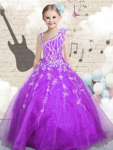 Inexpensive Floor Length Ball Gowns Sleeveless Purple Little Girl Pageant Dress Lace Up