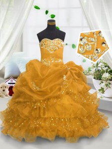 Attractive Gold Organza Lace Up Sweetheart Sleeveless Floor Length Girls Pageant Dresses Beading and Ruffled Layers and Pick Ups