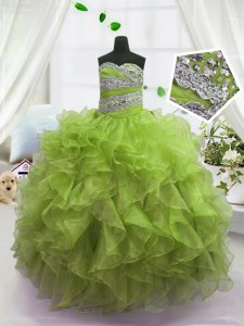 Wonderful Olive Green Ball Gowns Sweetheart Sleeveless Organza Floor Length Lace Up Beading and Ruffles Little Girl Pageant Dress