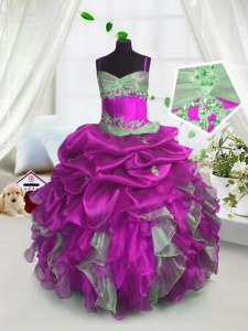 Fancy Spaghetti Straps Sleeveless Organza Little Girls Pageant Gowns Beading and Ruffles and Pick Ups Lace Up