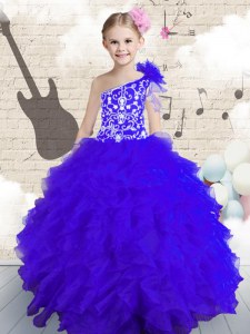 One Shoulder Floor Length Ball Gowns Sleeveless Navy Blue Little Girl Pageant Dress Lace Up