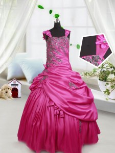 Discount Hot Pink Ball Gowns Beading and Pick Ups Child Pageant Dress Lace Up Satin Sleeveless Floor Length