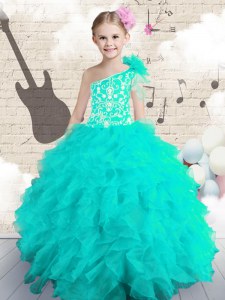 Stylish One Shoulder Sleeveless Floor Length Embroidery and Ruffles and Hand Made Flower Lace Up Little Girl Pageant Dress with Aqua Blue