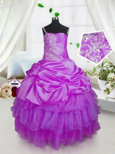 One Shoulder Beading and Ruffled Layers and Pick Ups Little Girls Pageant Dress Wholesale Lavender Lace Up Sleeveless Floor Length