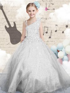 Silver Organza Lace Up Asymmetric Sleeveless Floor Length Kids Pageant Dress Beading and Appliques and Hand Made Flower