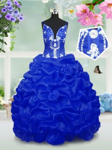 Pretty Sleeveless Floor Length Beading and Pick Ups Lace Up Pageant Dress Womens with Royal Blue