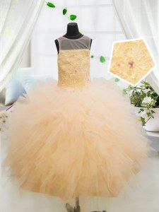 Elegant Scoop Floor Length Zipper Little Girl Pageant Dress Orange for Party and Wedding Party with Beading and Appliques