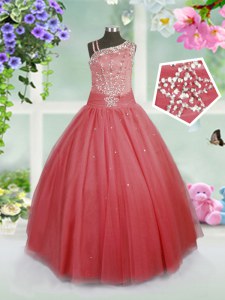 Beading Pageant Dress for Girls Watermelon Red Side Zipper Sleeveless Floor Length