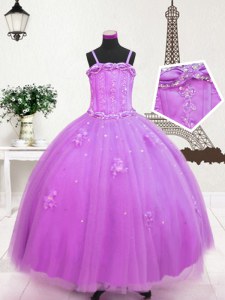 Hot Selling Tulle Sleeveless Floor Length Little Girls Pageant Dress and Beading and Appliques