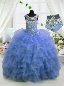 Classical Scoop Floor Length Light Blue Pageant Dress for Teens Organza Sleeveless Beading and Ruffled Layers