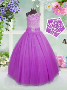 Fancy Asymmetric Sleeveless Kids Formal Wear Floor Length Beading Lilac Tulle