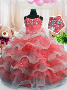 Superior Red Zipper Spaghetti Straps Beading and Ruffled Layers Little Girl Pageant Gowns Organza Sleeveless