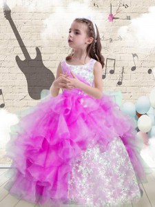 Purple Organza Lace Up Scoop Sleeveless Floor Length Little Girl Pageant Dress Beading and Ruffled Layers
